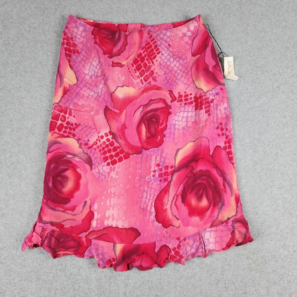 Barbara Lesser A-Line Skirt Womens Medium Pink Rose Snakeskin Rayon Ruffle Hem